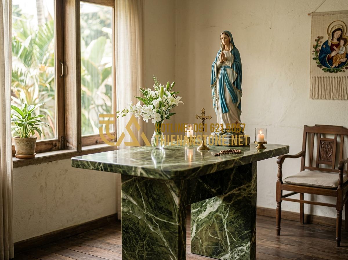 Kết Hợp Tượng Đá Và Bàn Thờ Đá Công Giáo: Bí Quyết Tạo Không Gian Trang Trọng - Tạo ảnh tiếng Anh: A peaceful home interior with a white marble Catholic altar a