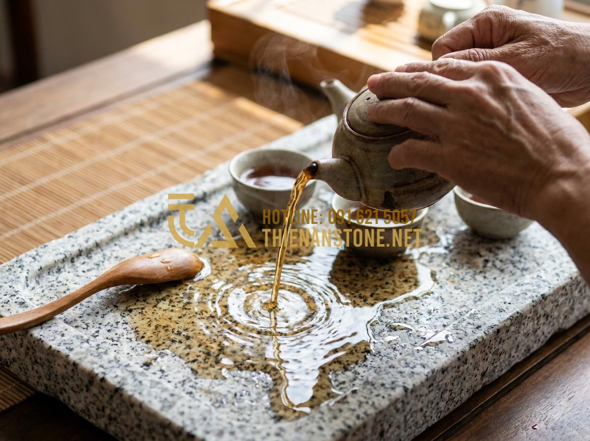 Khay Trà Đá Hoa Cương (Granite): Sự Lựa Chọn Vĩnh Cửu Cho Mọi Không Gian - Hình 10 Khay Trà Đá Hoa Cương (Granite): Sự Lựa Chọn Vĩnh Cửu Cho Mọi Không Gian - Close-up of hands pouring tea onto a granite tea tray during a traditional cerem