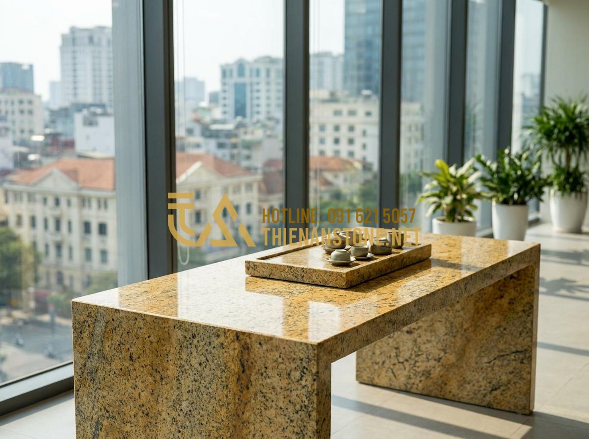 Khay Trà Đá Hoa Cương (Granite): Sự Lựa Chọn Vĩnh Cửu Cho Mọi Không Gian - Hình 14 Khay Trà Đá Hoa Cương (Granite): Sự Lựa Chọn Vĩnh Cửu Cho Mọi Không Gian - Modern office break area featuring a granite tea tray on a minimalist table with