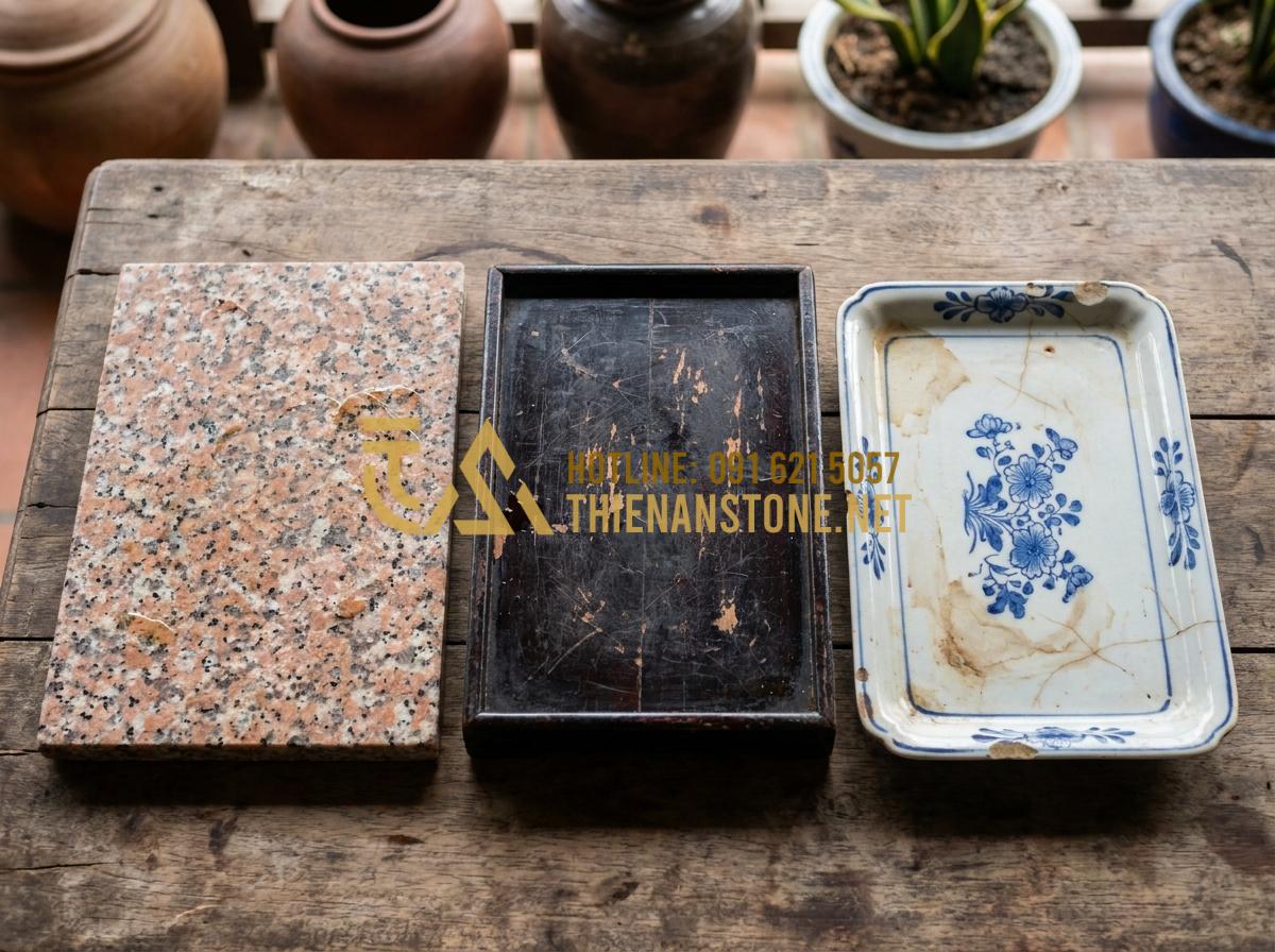 Khay Trà Đá Hoa Cương (Granite): Sự Lựa Chọn Vĩnh Cửu Cho Mọi Không Gian - Hình 15 Khay Trà Đá Hoa Cương (Granite): Sự Lựa Chọn Vĩnh Cửu Cho Mọi Không Gian - Side-by-side comparison photo of granite tea tray versus wooden and ceramic tray