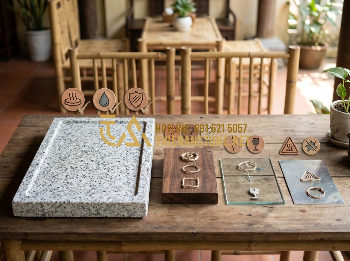 Khay Trà Đá Hoa Cương (Granite): Sự Lựa Chọn Vĩnh Cửu Cho Mọi Không Gian - Hình 16 Khay Trà Đá Hoa Cương (Granite): Sự Lựa Chọn Vĩnh Cửu Cho Mọi Không Gian - Infographic style image comparing material properties of granite tea trays again