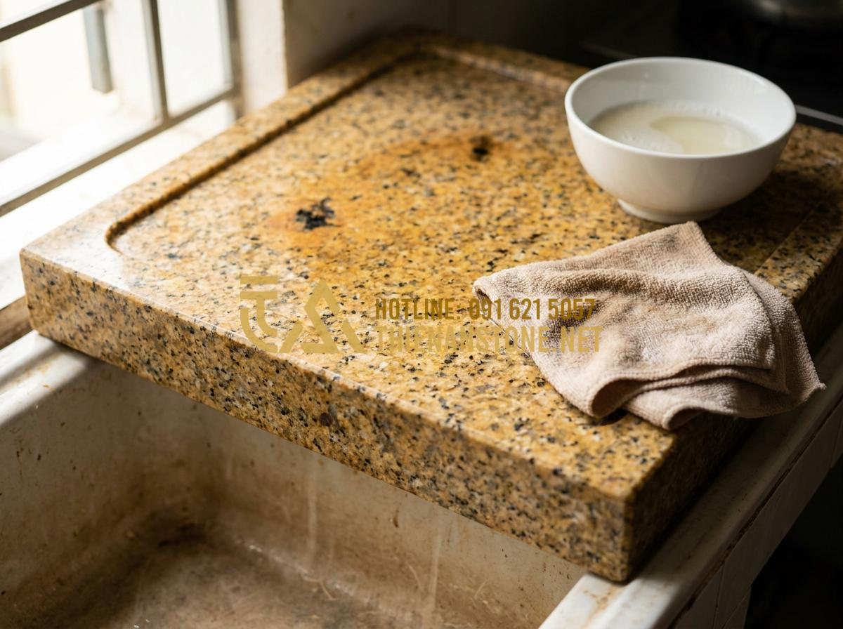 Khay Trà Đá Hoa Cương (Granite): Sự Lựa Chọn Vĩnh Cửu Cho Mọi Không Gian - Hình 17 Khay Trà Đá Hoa Cương (Granite): Sự Lựa Chọn Vĩnh Cửu Cho Mọi Không Gian - Step-by-step demonstration of cleaning a granite tea tray with soft cloth and mi