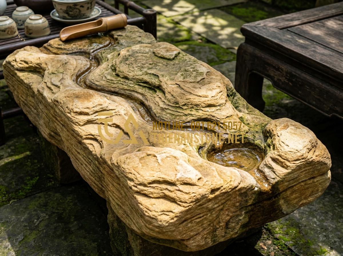 Khay Trà Đá Là Gì? Vì Sao Giới Trà Đạo Ưu Tiên Khay Trà Đá Tự Nhiên Nguyên Khối? - Detailed close-up photograph of a natural solid stone tea tray carved from a sin