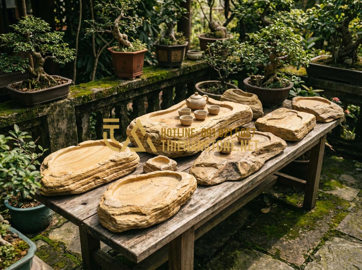 Khay Trà Đá Là Gì? Vì Sao Giới Trà Đạo Ưu Tiên Khay Trà Đá Tự Nhiên Nguyên Khối? - Variety of finished stone tea trays made from popular natural rocks displayed to