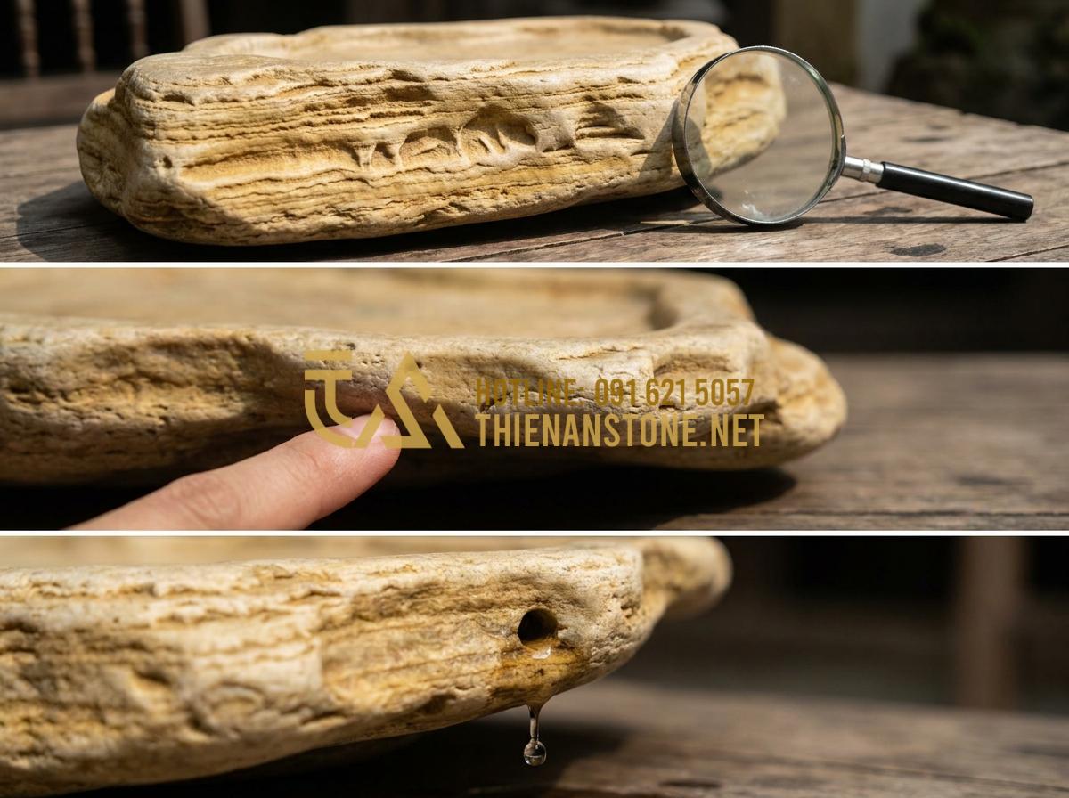 Khay Trà Đá Là Gì? Vì Sao Giới Trà Đạo Ưu Tiên Khay Trà Đá Tự Nhiên Nguyên Khối? - Step-by-step guide visual of inspecting a natural stone tea tray for quality, in