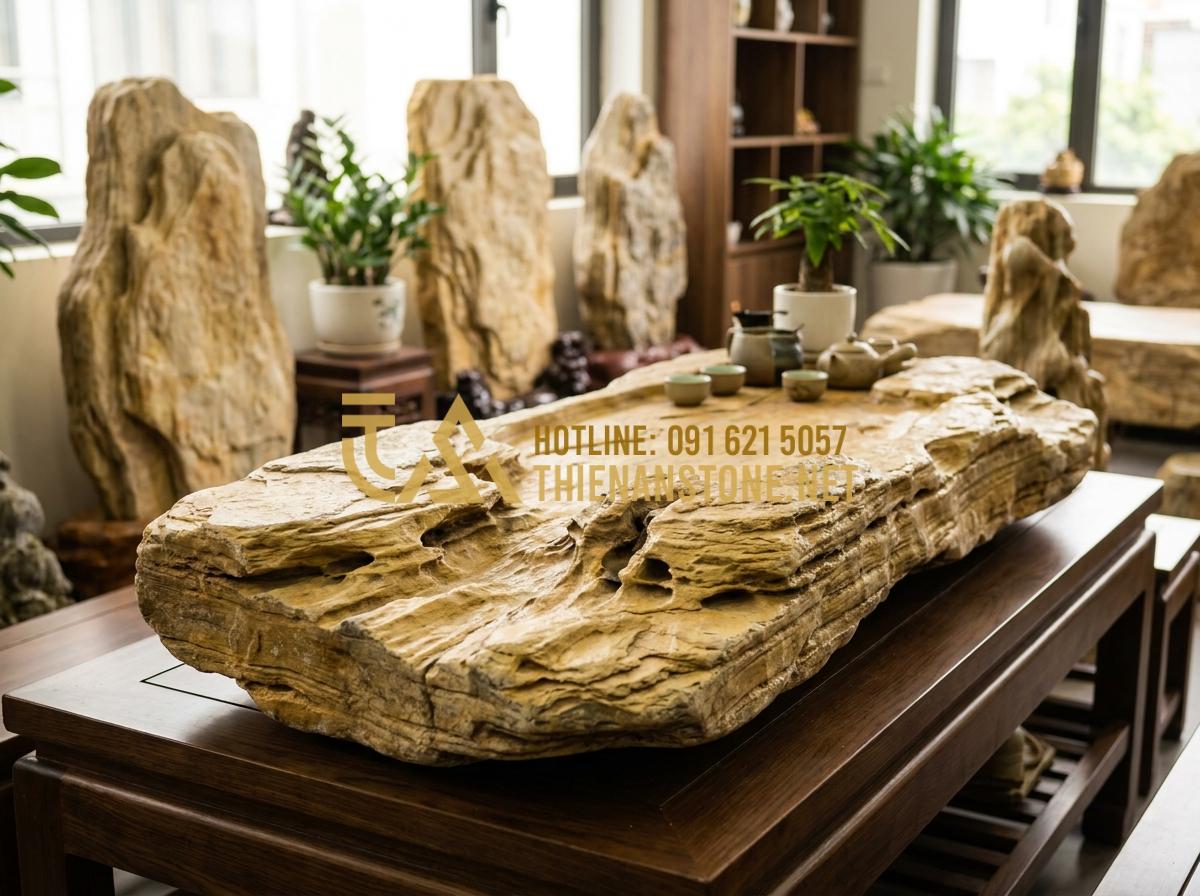 Khay Trà Đá Là Gì? Vì Sao Giới Trà Đạo Ưu Tiên Khay Trà Đá Tự Nhiên Nguyên Khối? - Customer selecting a high-quality monolithic stone tea tray in a specialized sto