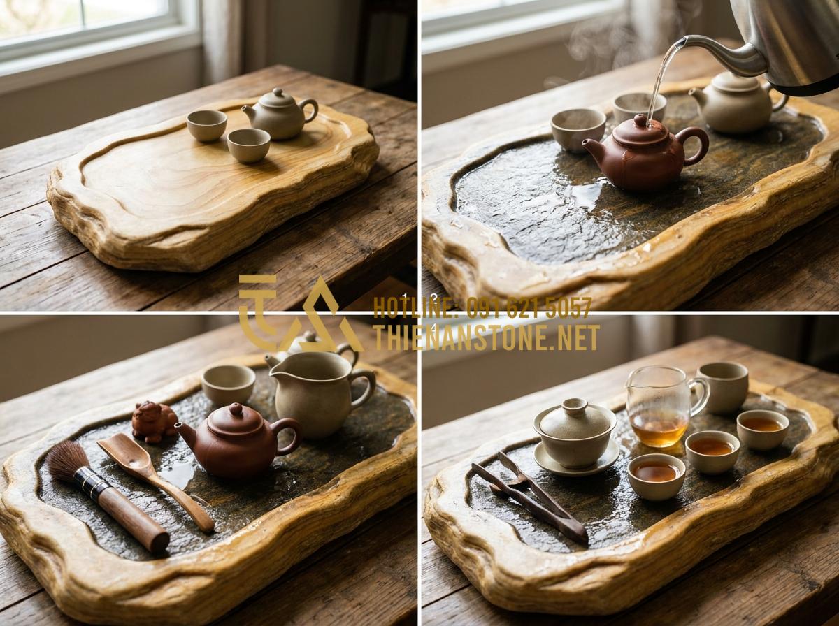 Khay Trà Đá Là Gì? Vì Sao Giới Trà Đạo Ưu Tiên Khay Trà Đá Tự Nhiên Nguyên Khối? - Instructional image sequence showing proper usage of a stone tea tray during a G
