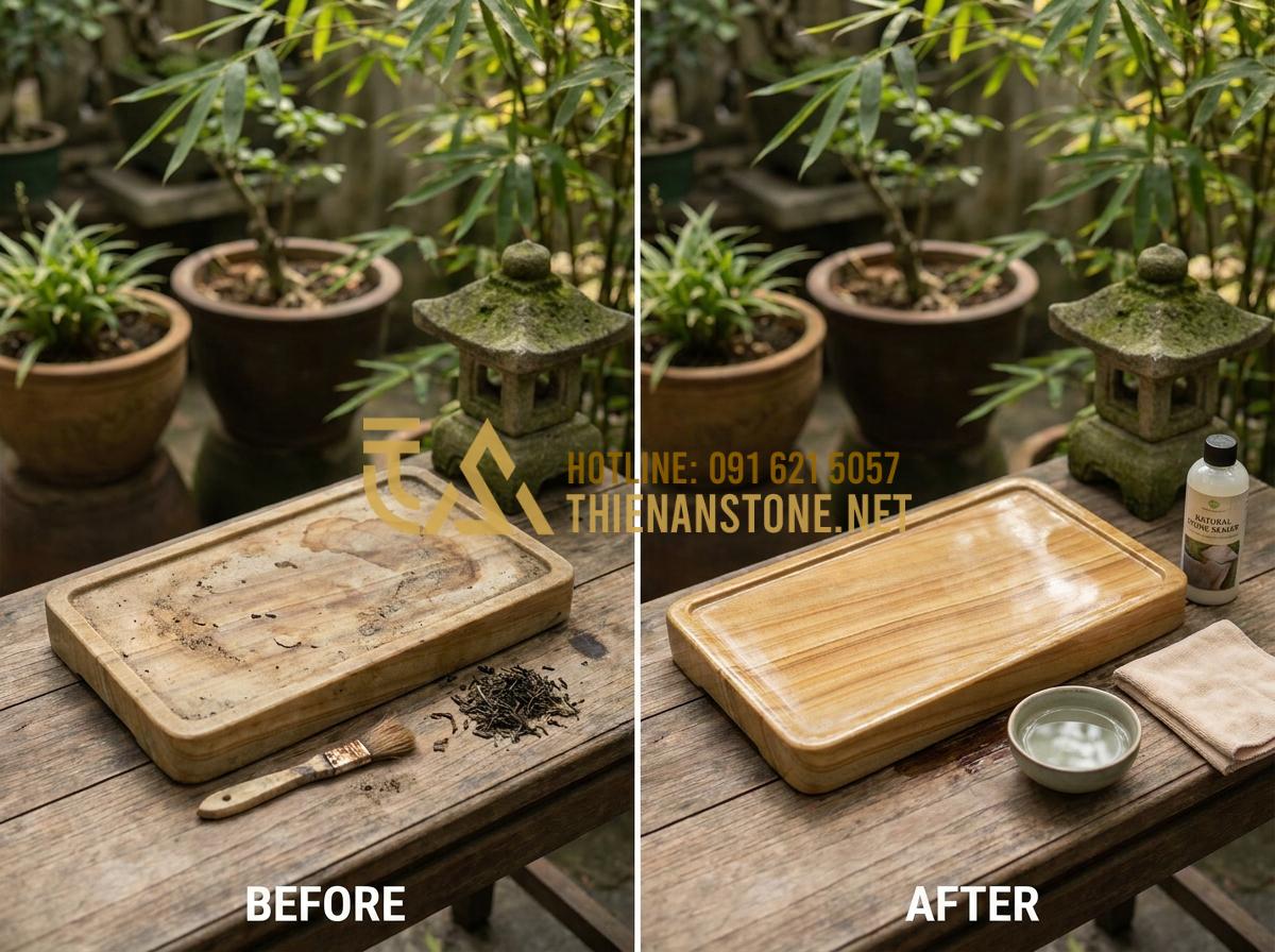 Khay Trà Đá Là Gì? Vì Sao Giới Trà Đạo Ưu Tiên Khay Trà Đá Tự Nhiên Nguyên Khối? - Before and after cleaning process of a natural stone tea tray demonstrating main
