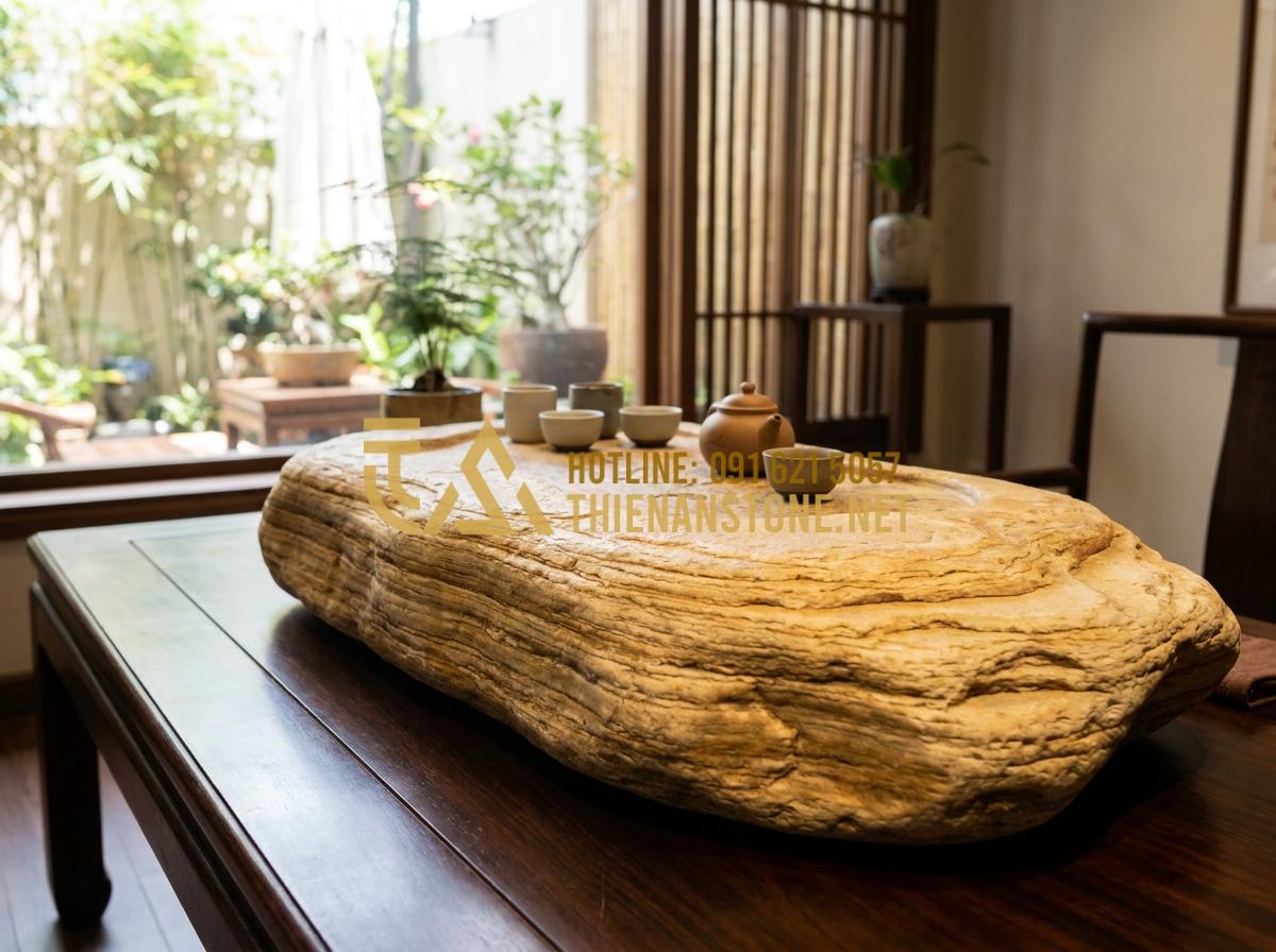 Khay Trà Đá Là Gì? Vì Sao Giới Trà Đạo Ưu Tiên Khay Trà Đá Tự Nhiên Nguyên Khối? - Well-maintained solid stone tea tray displayed in a clean, elegant tea room afte