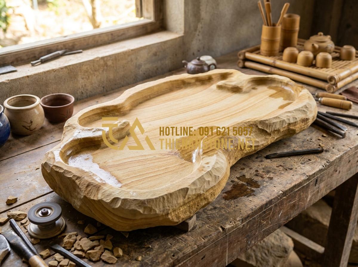 Khay Trà Đá Là Gì? Vì Sao Giới Trà Đạo Ưu Tiên Khay Trà Đá Tự Nhiên Nguyên Khối? - Custom designed natural stone tea tray being crafted by skilled artisans at a pr