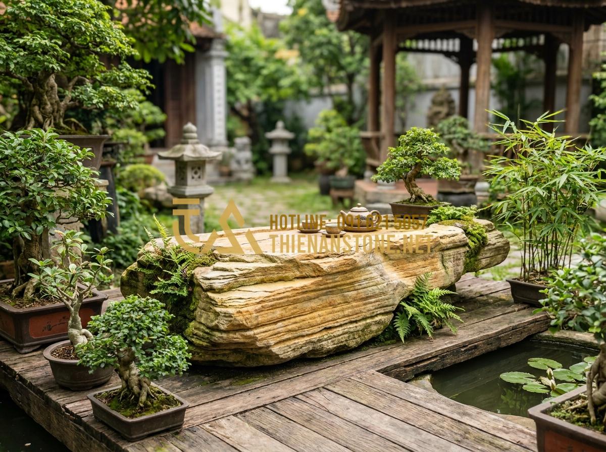 Khay Trà Đá Là Gì? Vì Sao Giới Trà Đạo Ưu Tiên Khay Trà Đá Tự Nhiên Nguyên Khối? - Finished custom stone tea tray integrated into a beautifully designed garden tea