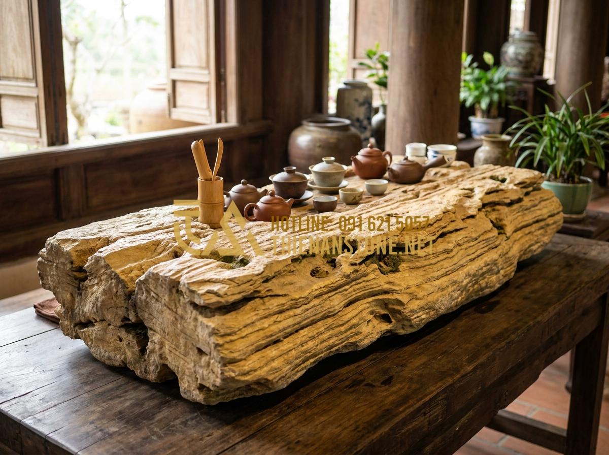 Khay Trà Đá Là Gì? Vì Sao Giới Trà Đạo Ưu Tiên Khay Trà Đá Tự Nhiên Nguyên Khối? - Wide angle view of an authentic natural stone tea tray placed on a traditional w
