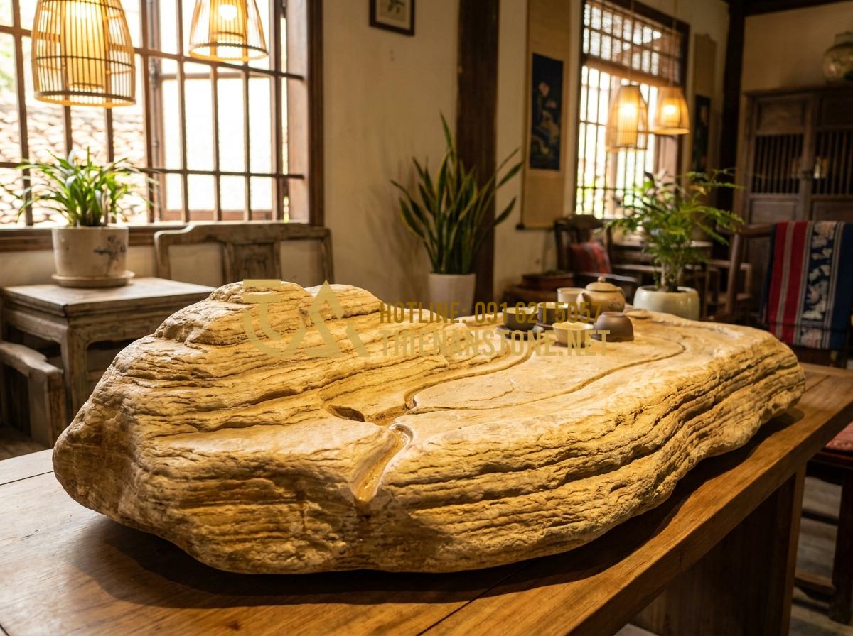 Khay Trà Đá Là Gì? Vì Sao Giới Trà Đạo Ưu Tiên Khay Trà Đá Tự Nhiên Nguyên Khối? - Artistic shot of a large natural stone tea tray in a serene tea room setting, em