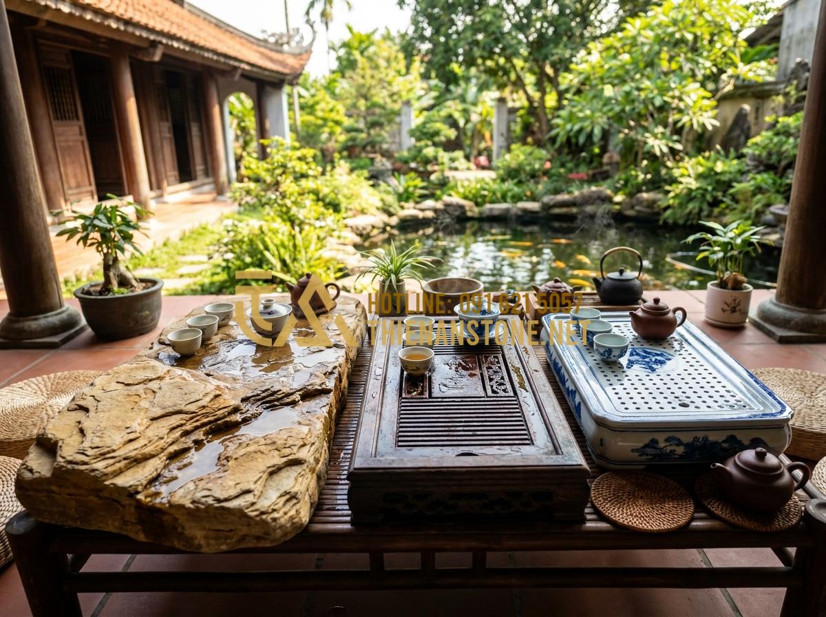 Khay Trà Đá Là Gì? Vì Sao Giới Trà Đạo Ưu Tiên Khay Trà Đá Tự Nhiên Nguyên Khối? - Comparative image displaying side-by-side a natural stone tea tray, wooden tea t