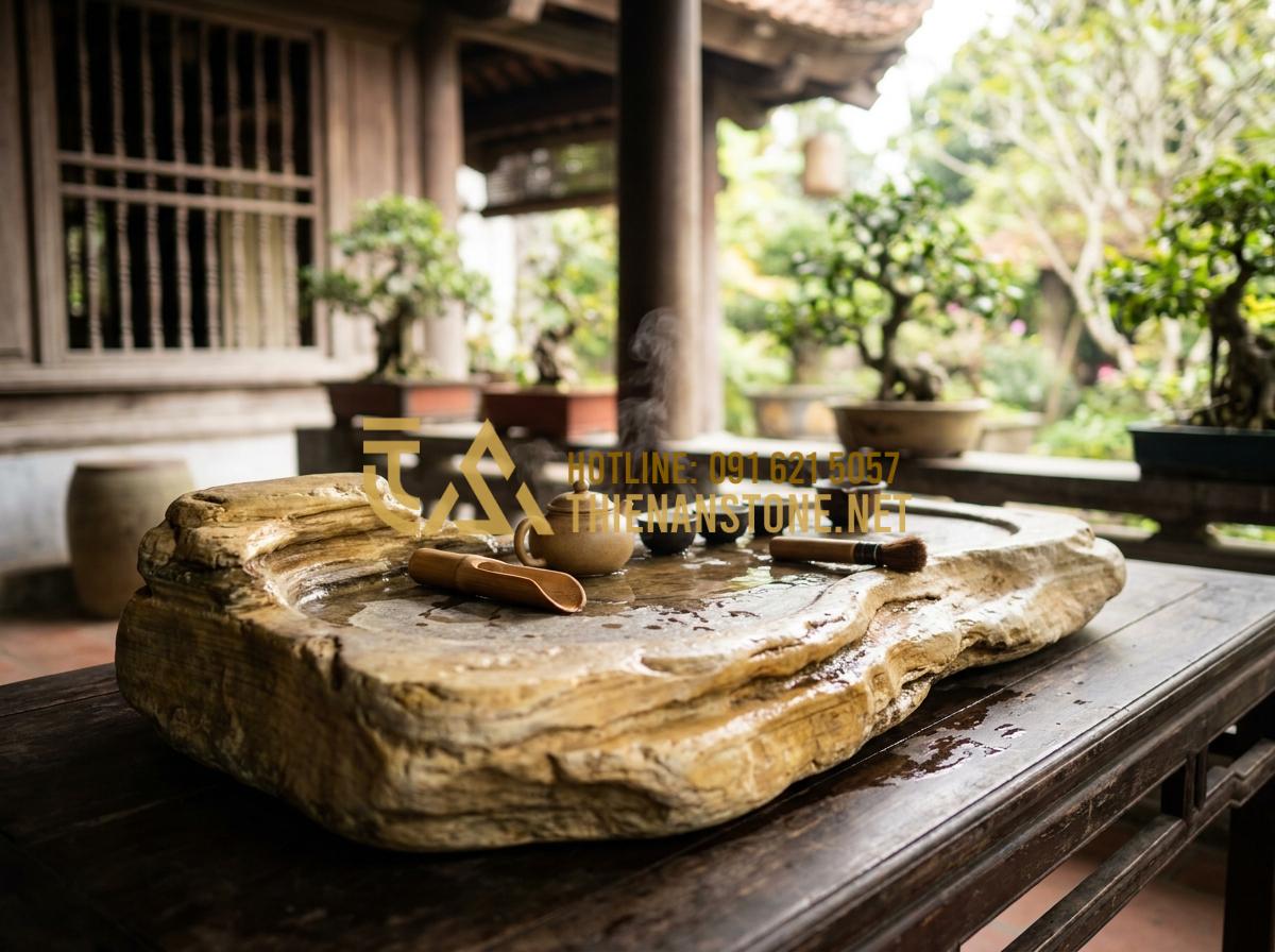 Khay Trà Đá Là Gì? Vì Sao Giới Trà Đạo Ưu Tiên Khay Trà Đá Tự Nhiên Nguyên Khối? - Elegant scene of a master tea practitioner using a premium natural solid stone t