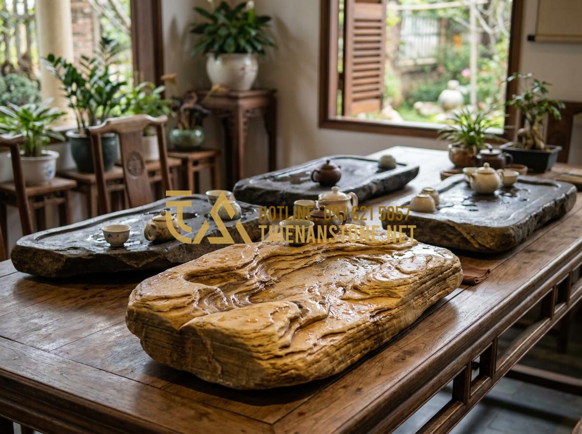 Khay Trà Đá Là Gì? Vì Sao Giới Trà Đạo Ưu Tiên Khay Trà Đá Tự Nhiên Nguyên Khối? - Inspirational image of various natural stone tea trays arranged in a tea master'
