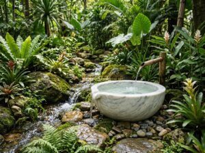 Kích Thước Ang Nước Tiểu Cảnh Phù Hợp Với Diện Tích Sân Vườn Và Ban Công - A realistic photograph of a medium-sized natural stone water bowl placed in a lu