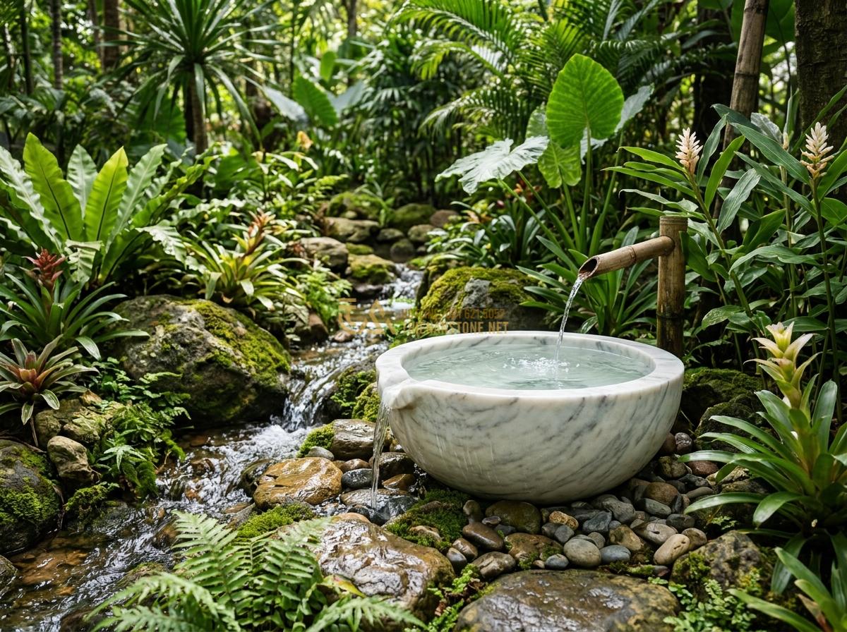 Kích Thước Ang Nước Tiểu Cảnh Phù Hợp Với Diện Tích Sân Vườn Và Ban Công - Hình 1 Kích Thước Ang Nước Tiểu Cảnh Phù Hợp Với Diện Tích Sân Vườn Và Ban Công - A realistic photograph of a medium-sized natural stone water bowl placed in a lu