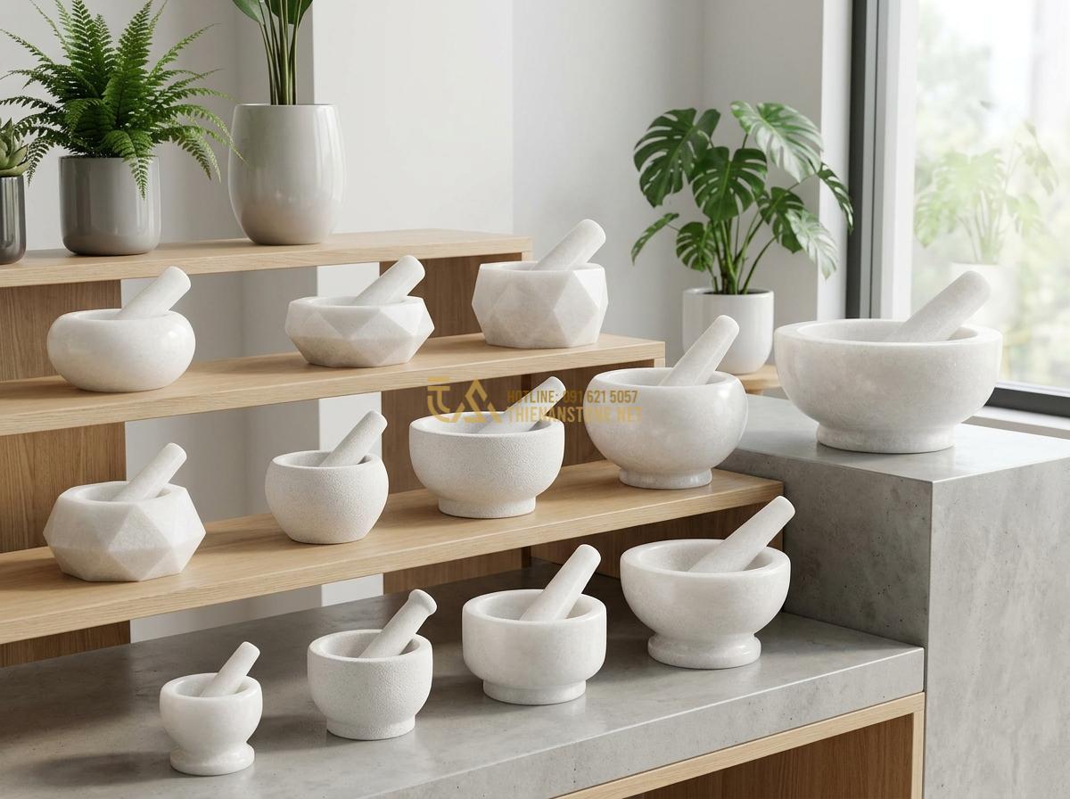 Kích Thước Ang Nước Tiểu Cảnh Phù Hợp Với Diện Tích Sân Vườn Và Ban Công - Hình 14 Kích Thước Ang Nước Tiểu Cảnh Phù Hợp Với Diện Tích Sân Vườn Và Ban Công - Modern display of various ang nuoc da sizes from mini to extra large with differ