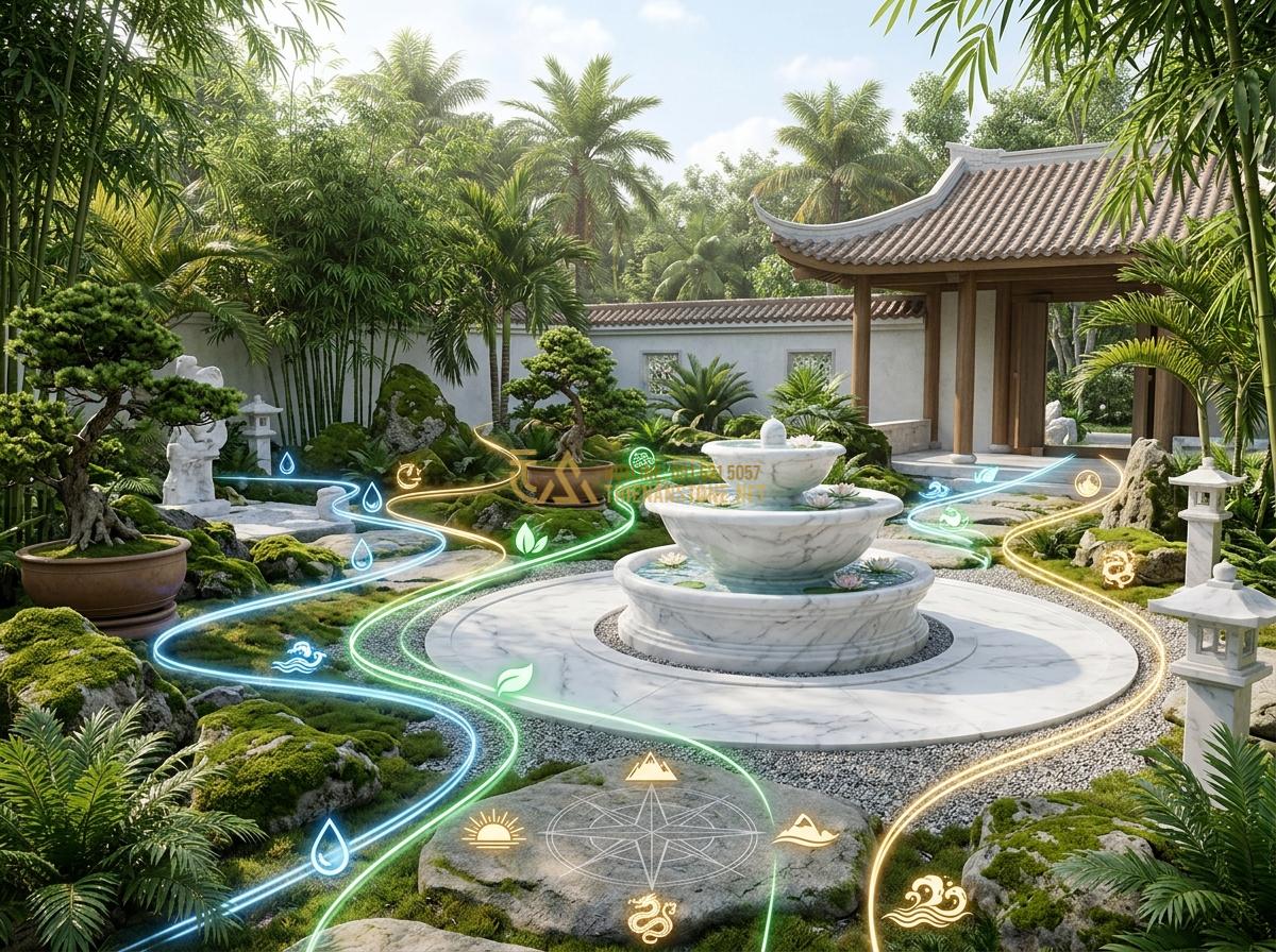 Kích Thước Ang Nước Tiểu Cảnh Phù Hợp Với Diện Tích Sân Vườn Và Ban Công - Hình 17 Kích Thước Ang Nước Tiểu Cảnh Phù Hợp Với Diện Tích Sân Vườn Và Ban Công - Feng shui harmonious stone water bowl placement in a garden according to directi