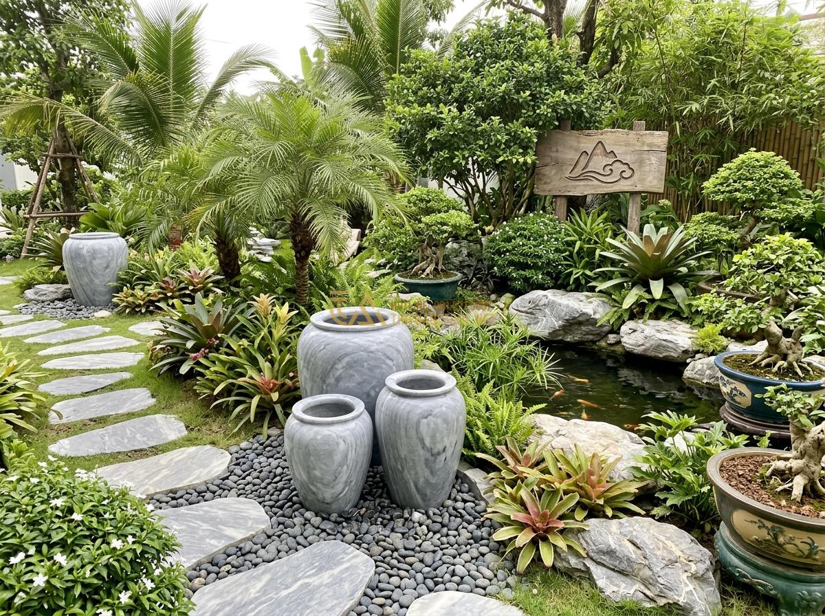 Kích Thước Ang Nước Tiểu Cảnh Phù Hợp Với Diện Tích Sân Vườn Và Ban Công - Hình 20 Kích Thước Ang Nước Tiểu Cảnh Phù Hợp Với Diện Tích Sân Vườn Và Ban Công - Beautiful completed garden project featuring perfectly sized ang nuoc da with ha