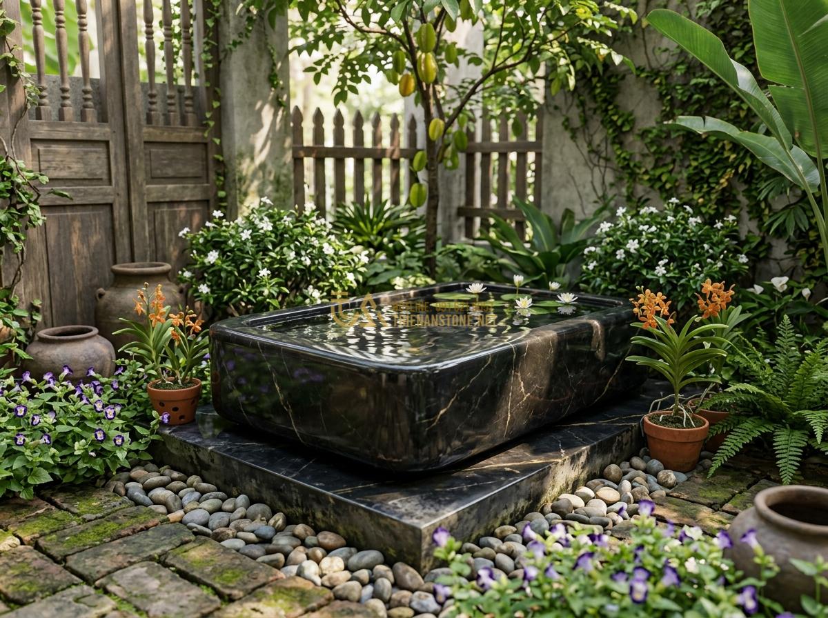 Kích Thước Ang Nước Tiểu Cảnh Phù Hợp Với Diện Tích Sân Vườn Và Ban Công - Hình 5 Kích Thước Ang Nước Tiểu Cảnh Phù Hợp Với Diện Tích Sân Vườn Và Ban Công - Small compact stone water basin perfectly sized for a tiny backyard garden under