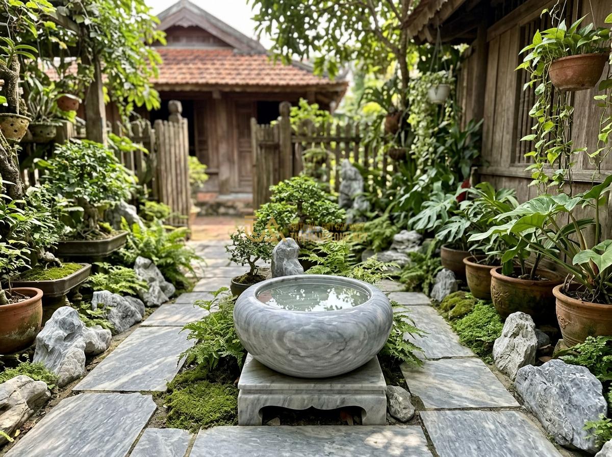 Kích Thước Ang Nước Tiểu Cảnh Phù Hợp Với Diện Tích Sân Vườn Và Ban Công - Hình 6 Kích Thước Ang Nước Tiểu Cảnh Phù Hợp Với Diện Tích Sân Vườn Và Ban Công - Realistic scene of a petite ang nuoc da in a compact Vietnamese small garden lay