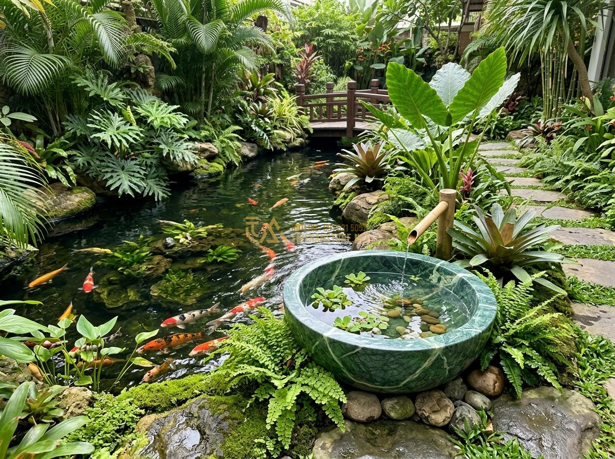 Kích Thước Ang Nước Tiểu Cảnh Phù Hợp Với Diện Tích Sân Vườn Và Ban Công - Hình 7 Kích Thước Ang Nước Tiểu Cảnh Phù Hợp Với Diện Tích Sân Vườn Và Ban Công - Medium sized natural stone water bowl in a mid-sized garden of 80 square meters