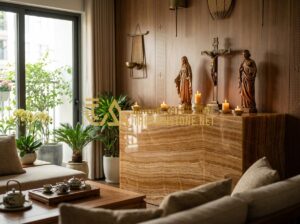 Kích Thước Bàn Thờ Chúa Chuẩn Và Vị Trí Đặt Bàn Thờ Trong Nhà Mang Lại Hồng Ân - Tạo ảnh tiếng Anh: A cozy living room in a modern Vietnamese house with a beauti