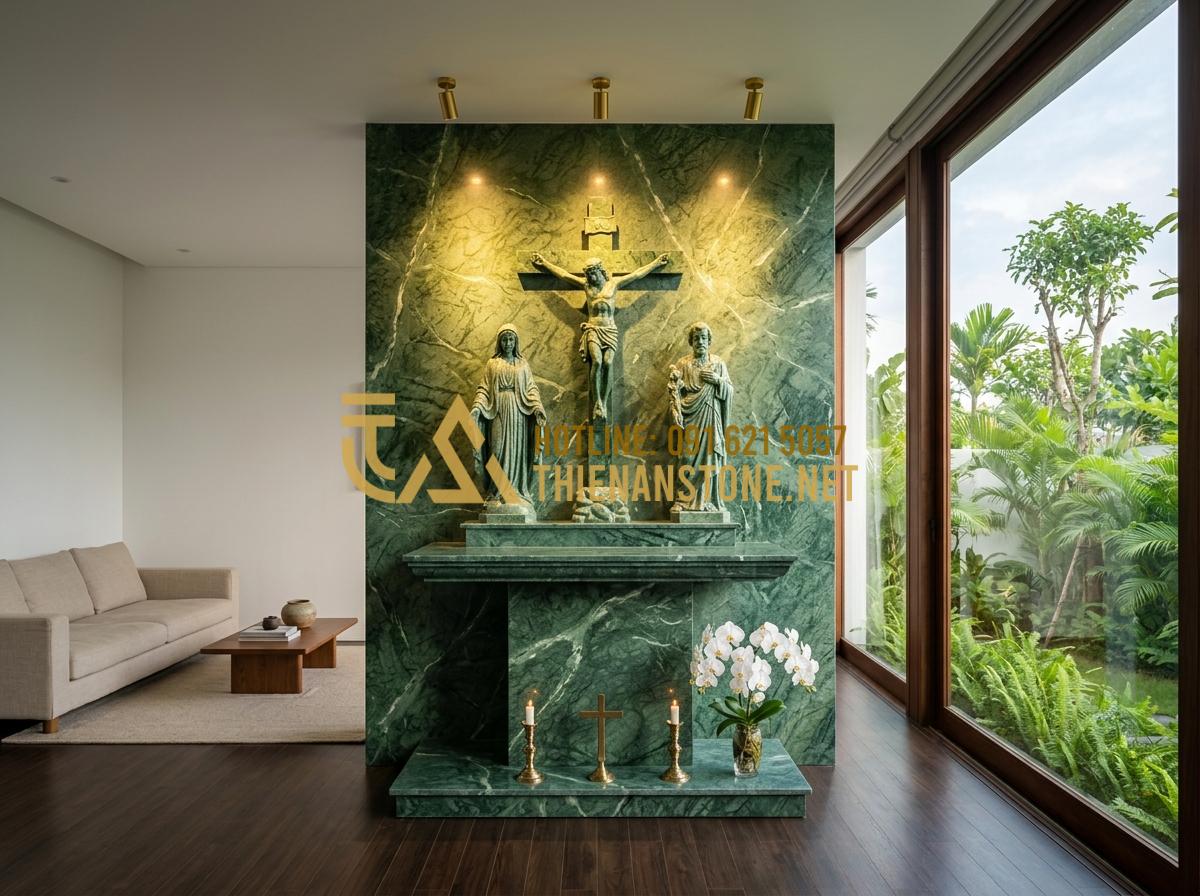 Kích Thước Bàn Thờ Chúa Chuẩn Và Vị Trí Đặt Bàn Thờ Trong Nhà Mang Lại Hồng Ân - Hình 3 Kích Thước Bàn Thờ Chúa Chuẩn Và Vị Trí Đặt Bàn Thờ Trong Nhà Mang Lại Hồng Ân - Tạo ảnh tiếng Anh: A wide shot of a luxury living room showing the perfect place