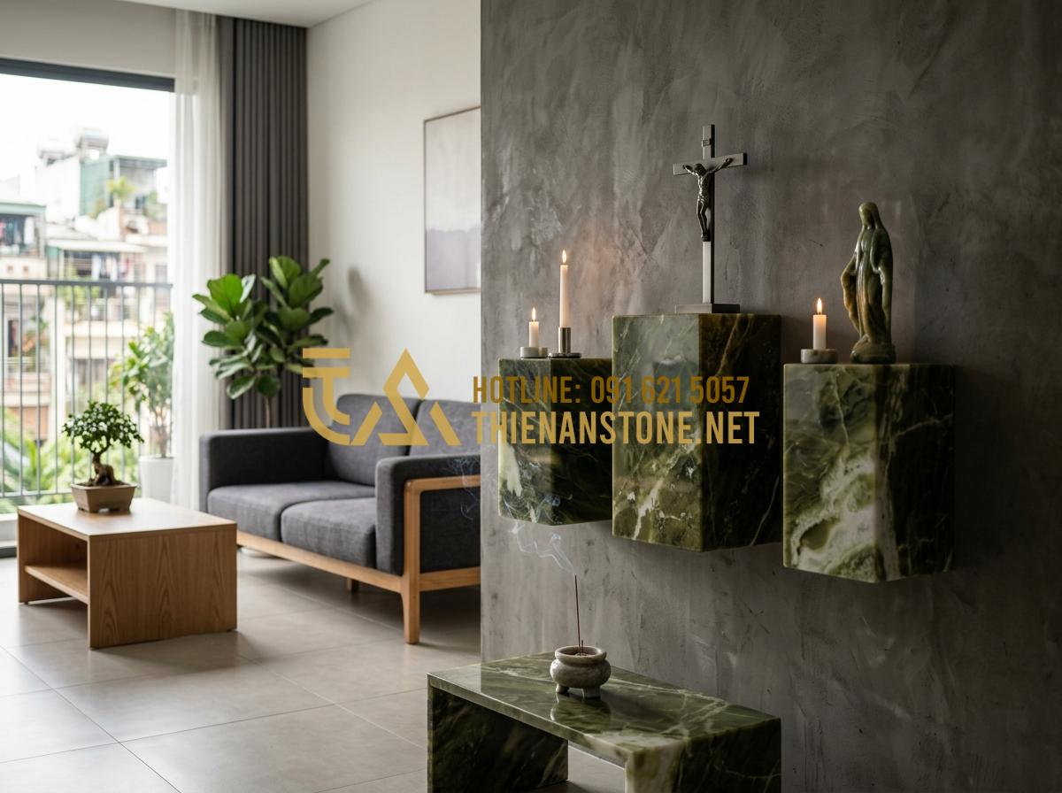 Kích Thước Bàn Thờ Chúa Chuẩn Và Vị Trí Đặt Bàn Thờ Trong Nhà Mang Lại Hồng Ân - Hình 4 Kích Thước Bàn Thờ Chúa Chuẩn Và Vị Trí Đặt Bàn Thờ Trong Nhà Mang Lại Hồng Ân - Tạo ảnh tiếng Anh: A modern apartment interior featuring a minimalist stone Cath