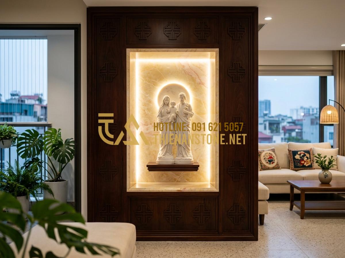 Kích Thước Bàn Thờ Chúa Chuẩn Và Vị Trí Đặt Bàn Thờ Trong Nhà Mang Lại Hồng Ân - Hình 5 Kích Thước Bàn Thờ Chúa Chuẩn Và Vị Trí Đặt Bàn Thờ Trong Nhà Mang Lại Hồng Ân - Tạo ảnh tiếng Anh: A stylish living room partition wall made of dark wood with C