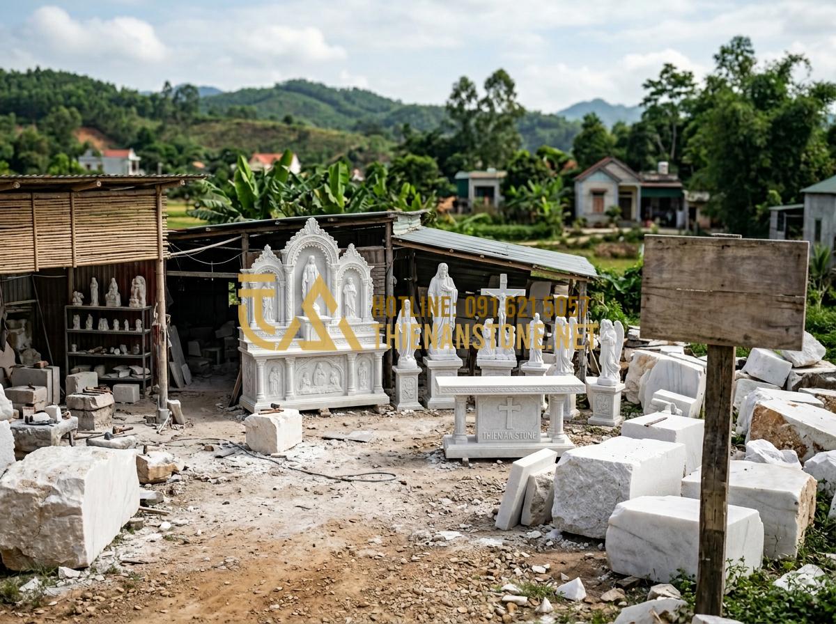 Kích Thước Bàn Thờ Chúa Chuẩn Và Vị Trí Đặt Bàn Thờ Trong Nhà Mang Lại Hồng Ân - Hình 7 Kích Thước Bàn Thờ Chúa Chuẩn Và Vị Trí Đặt Bàn Thờ Trong Nhà Mang Lại Hồng Ân - Tạo ảnh tiếng Anh: A panoramic view of the Thien An Stone Craft Village workshop