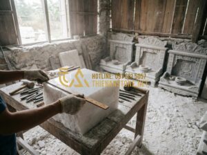 Kích Thước Bàn Thờ Thần Tài Bằng Đá Chuẩn Lỗ Ban Giúp Gia Chủ Phát Tài - Tạo ảnh tiếng Anh: [A professional high-angle shot of a traditional Vietnamese s
