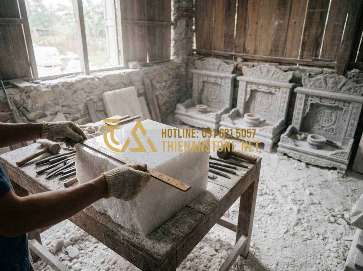 Kích Thước Bàn Thờ Thần Tài Bằng Đá Chuẩn Lỗ Ban Giúp Gia Chủ Phát Tài - Tạo ảnh tiếng Anh: [A professional high-angle shot of a traditional Vietnamese s
