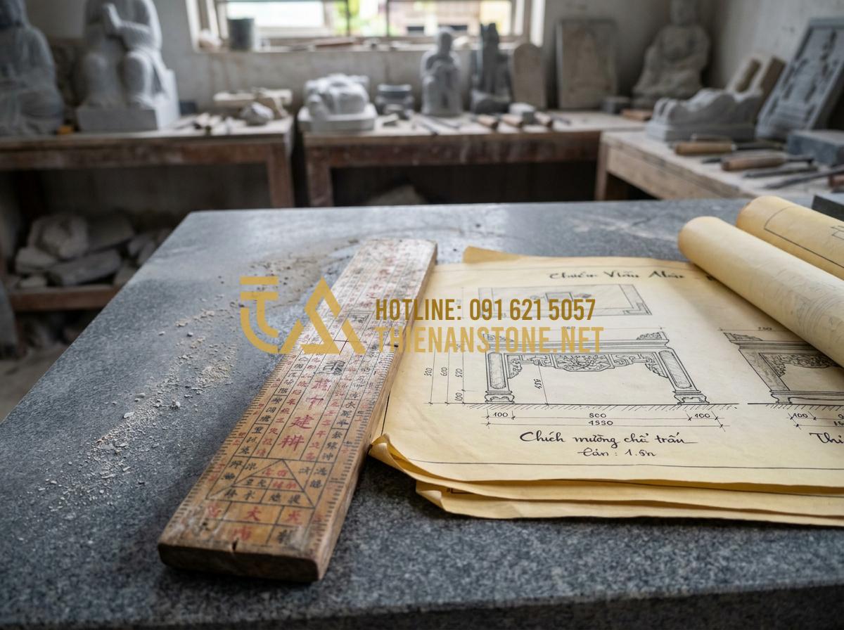 Kích Thước Bàn Thờ Thần Tài Bằng Đá Chuẩn Lỗ Ban Giúp Gia Chủ Phát Tài - Tạo ảnh tiếng Anh: [A detailed close-up of a traditional Lo Ban ruler lying on a