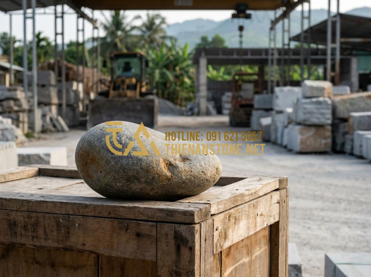 Kích Thước Bàn Thờ Thần Tài Bằng Đá Chuẩn Lỗ Ban Giúp Gia Chủ Phát Tài - Tạo ảnh tiếng Anh: [A skilled stone mason in protective gear is selecting a larg