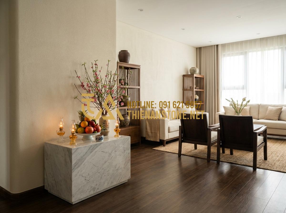 Kích Thước Bàn Thờ Thần Tài Bằng Đá Chuẩn Lỗ Ban Giúp Gia Chủ Phát Tài - Tạo ảnh tiếng Anh: [A wide interior shot of a modern, luxurious living room with