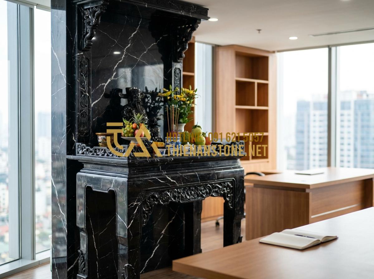 Kích Thước Bàn Thờ Thần Tài Bằng Đá Chuẩn Lỗ Ban Giúp Gia Chủ Phát Tài - Tạo ảnh tiếng Anh: [A cinematic shot of a businessman (Anh Hoang) standing in fr