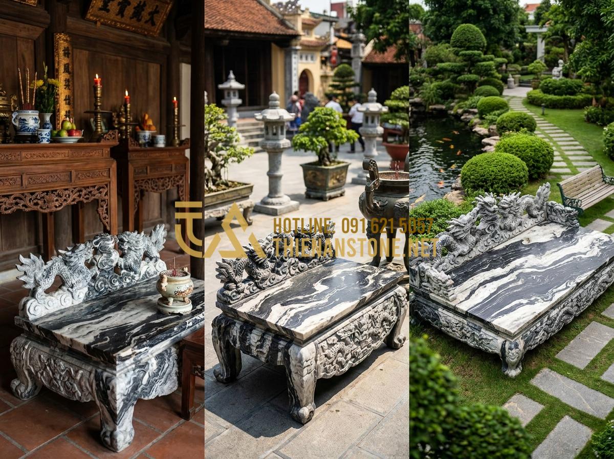 Kích Thước Chiếu Rồng Đá Chuẩn Thước Lỗ Ban Mang Lại Tài Lộc Cho Gia Tộc - Comparison image showing different stone dragon platform sizes installed in smal