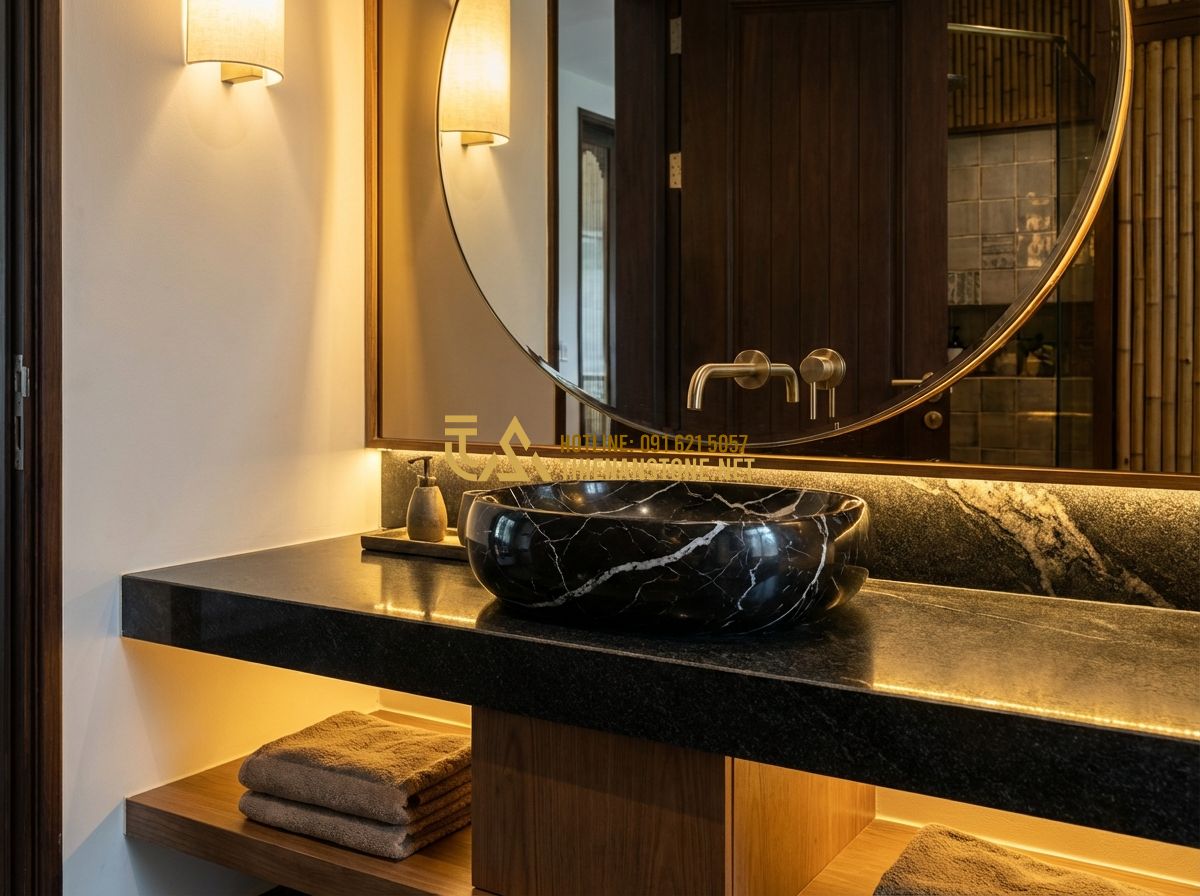 Kích Thước Chuẩn Lavabo Đá Tự Nhiên Và Bàn Đá Lavabo Nên Dùng Bao Nhiêu? - Tạo ảnh tiếng Anh: A high-end, cozy bathroom interior featuring a natural stone