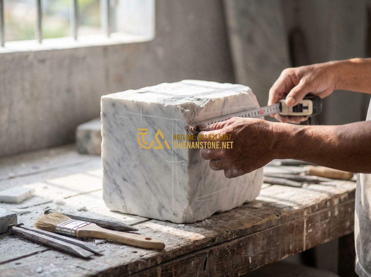 Kích Thước Chuẩn Lavabo Đá Tự Nhiên Và Bàn Đá Lavabo Nên Dùng Bao Nhiêu? - Tạo ảnh tiếng Anh: Close-up shot of a craftsman's hands measuring a raw natural