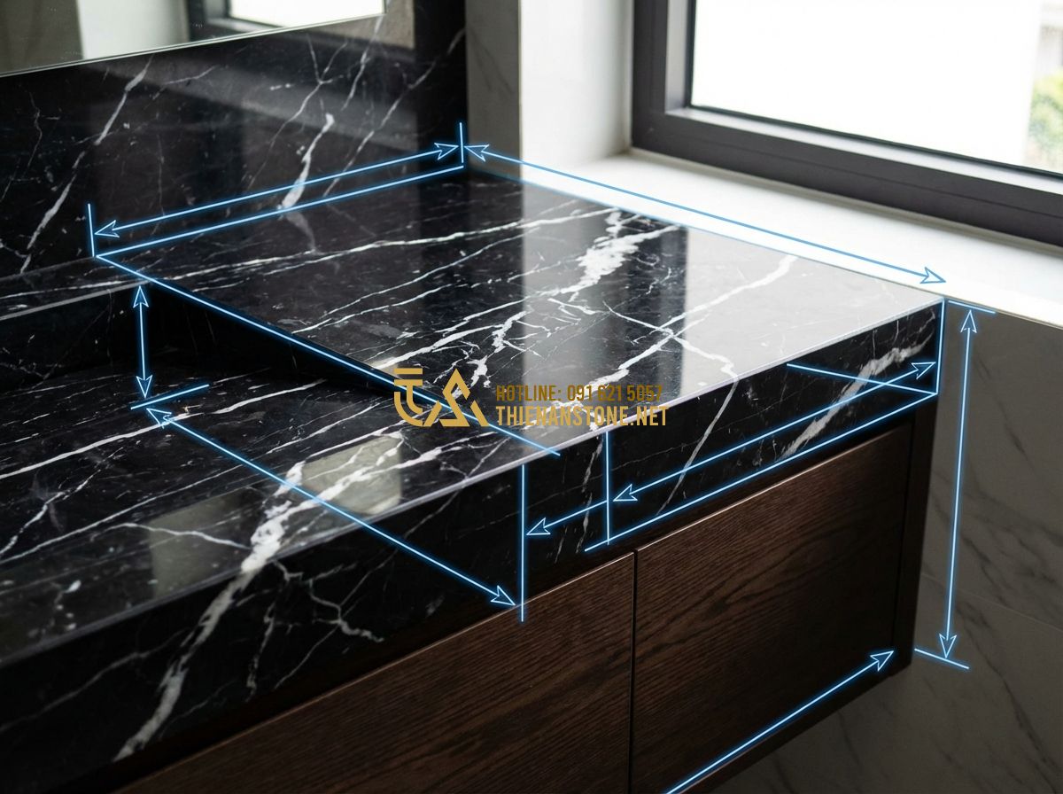Kích Thước Chuẩn Lavabo Đá Tự Nhiên Và Bàn Đá Lavabo Nên Dùng Bao Nhiêu? - Tạo ảnh tiếng Anh: Technical drawing of a bathroom vanity unit overlaid on a rea