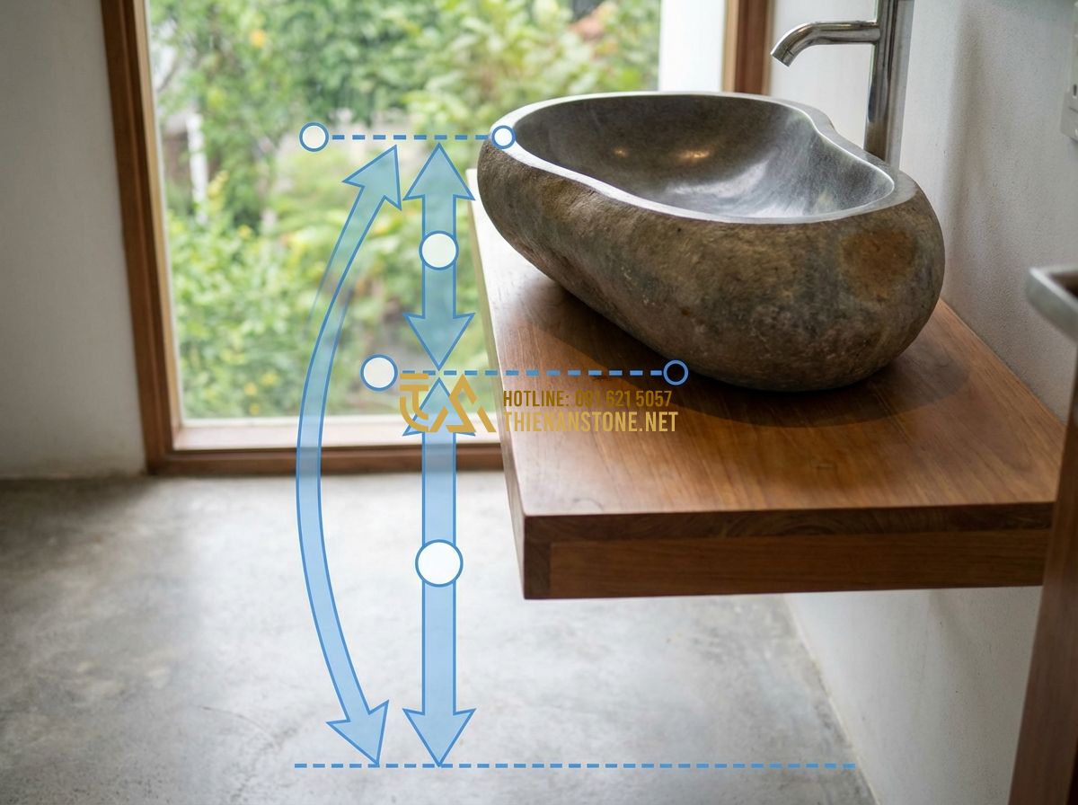 Kích Thước Chuẩn Lavabo Đá Tự Nhiên Và Bàn Đá Lavabo Nên Dùng Bao Nhiêu? - Tạo ảnh tiếng Anh: A side view illustration showing a person of average height u