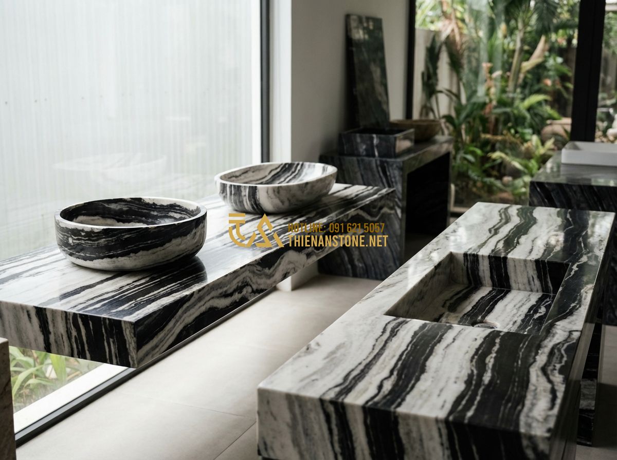 Kích Thước Chuẩn Lavabo Đá Tự Nhiên Và Bàn Đá Lavabo Nên Dùng Bao Nhiêu? - Tạo ảnh tiếng Anh: Various shapes of natural stone sinks (round, oval, rectangul