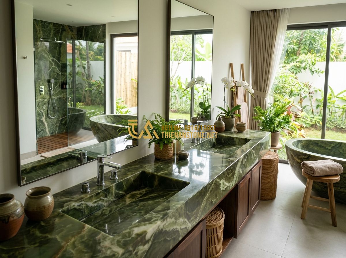 Kích Thước Chuẩn Lavabo Đá Tự Nhiên Và Bàn Đá Lavabo Nên Dùng Bao Nhiêu? - Tạo ảnh tiếng Anh: A luxurious master bathroom with double natural stone sinks o