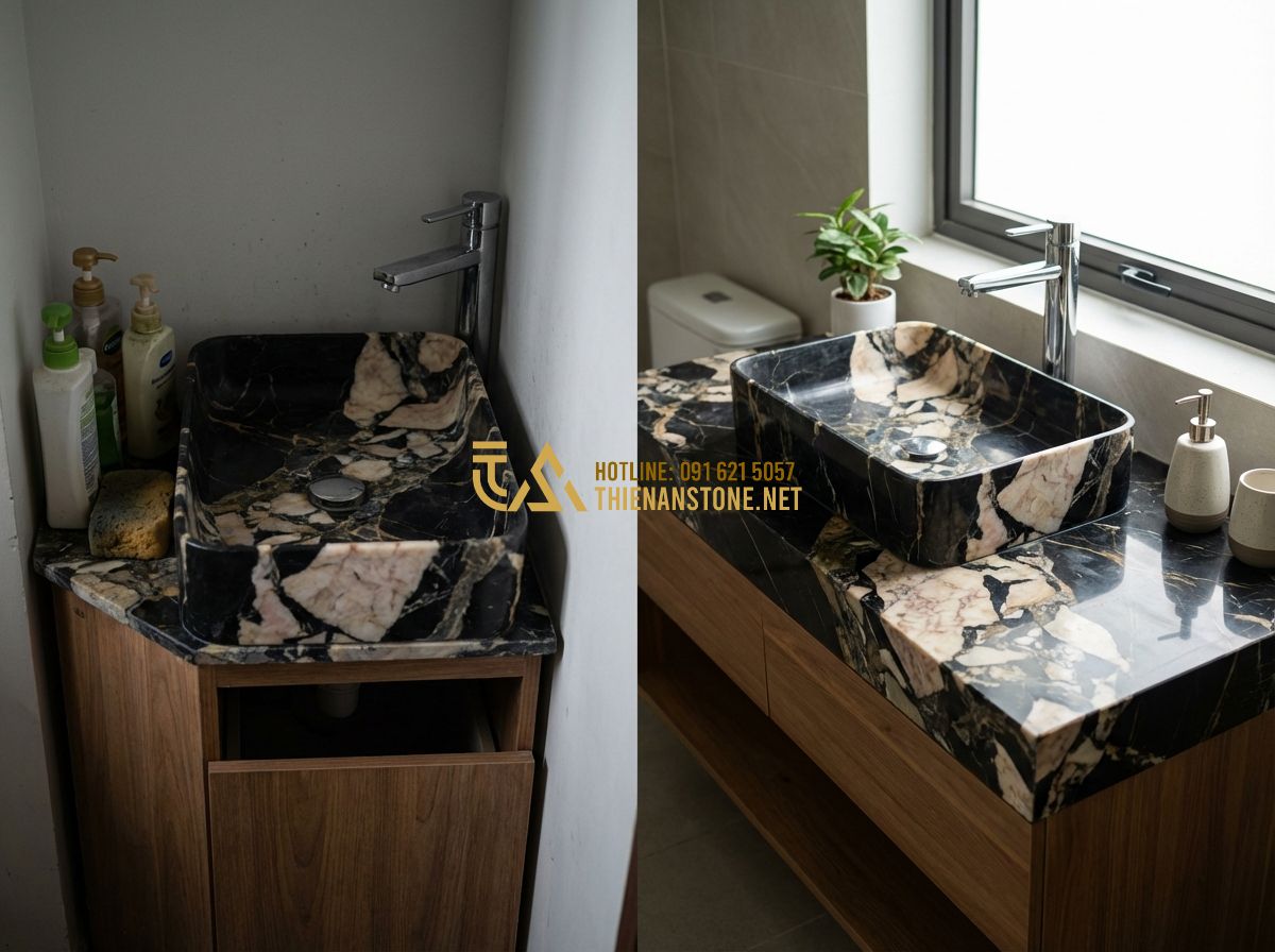 Kích Thước Chuẩn Lavabo Đá Tự Nhiên Và Bàn Đá Lavabo Nên Dùng Bao Nhiêu? - Tạo ảnh tiếng Anh: A split-screen image showing a "Wrong" vs "Right" installatio