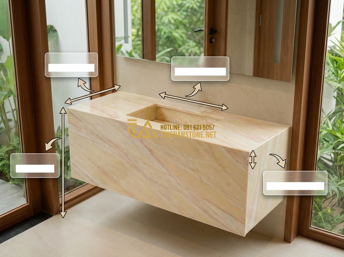 Kích Thước Chuẩn Lavabo Đá Tự Nhiên Và Bàn Đá Lavabo Nên Dùng Bao Nhiêu? - Tạo ảnh tiếng Anh: An infographic-style image displaying a sleek stone vanity. F