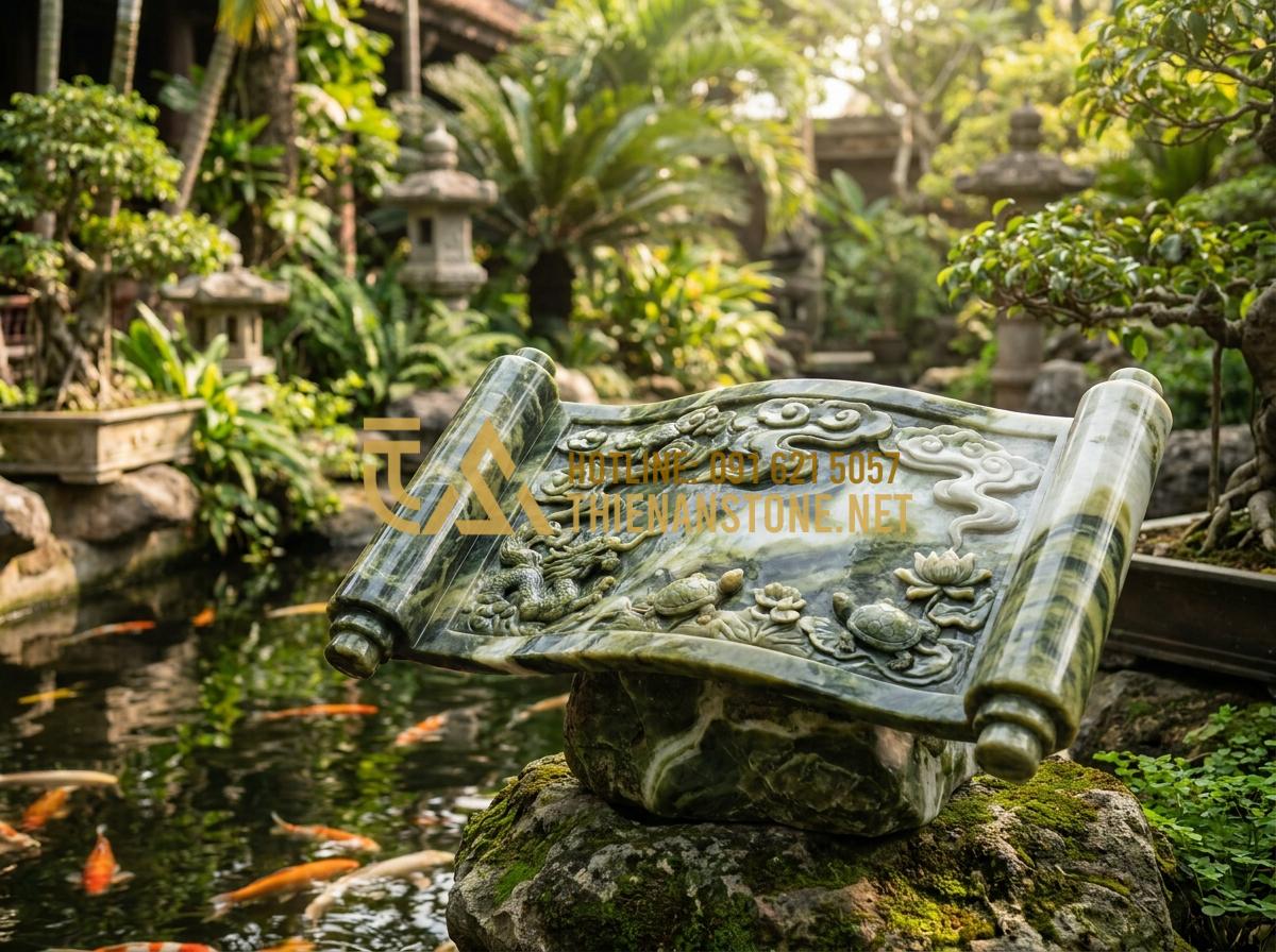 Kích Thước Cuốn Thư Đá Chuẩn Thước Lỗ Ban Mang Lại Tài Lộc Cho Gia Tộc - Stunning artistic rendering of a complete stone scroll design in a luxurious gar