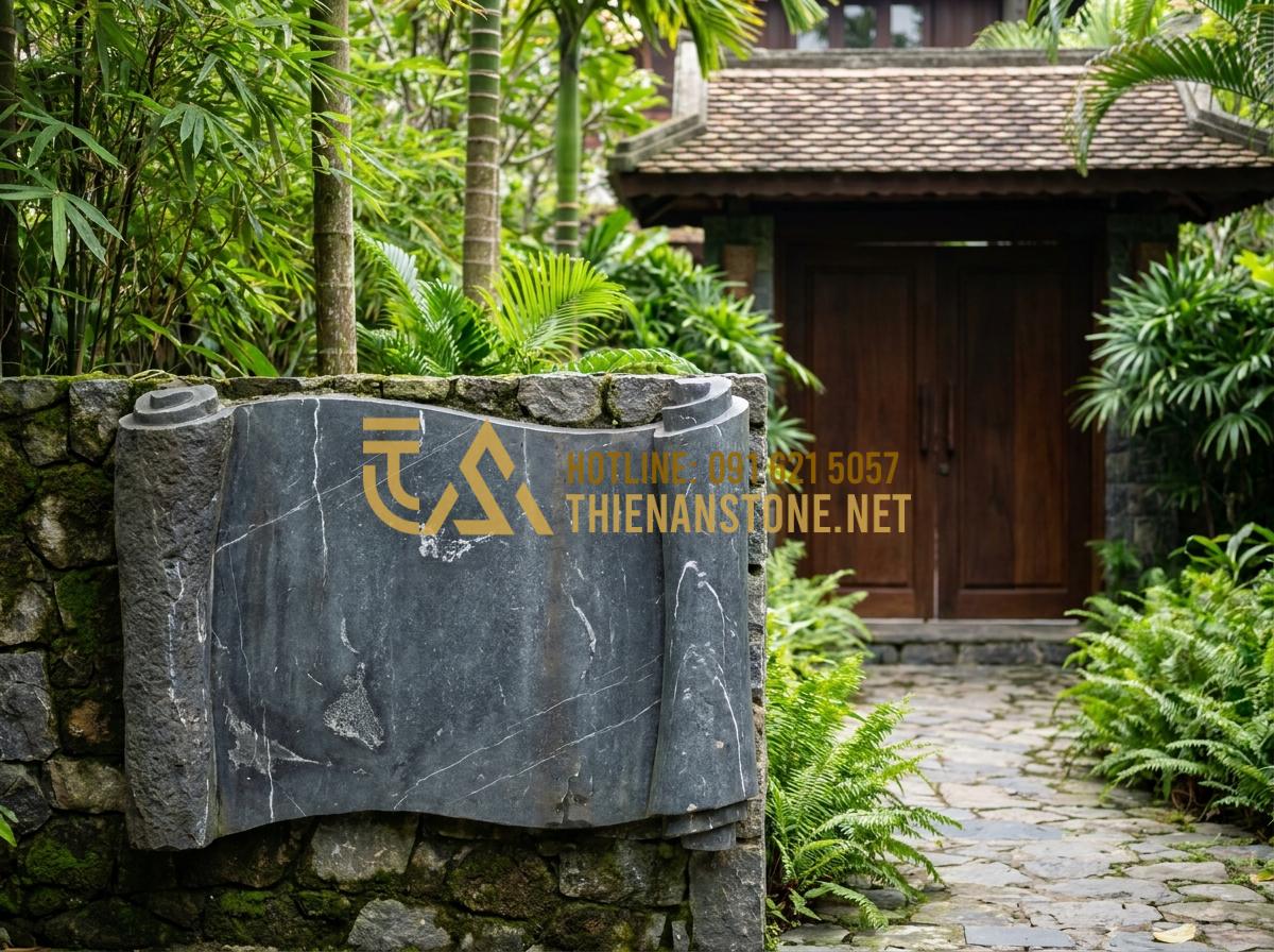 Kích Thước Cuốn Thư Đá Chuẩn Thước Lỗ Ban Mang Lại Tài Lộc Cho Gia Tộc - Luxurious villa entrance with large custom stone scroll tablet in optimal Feng S